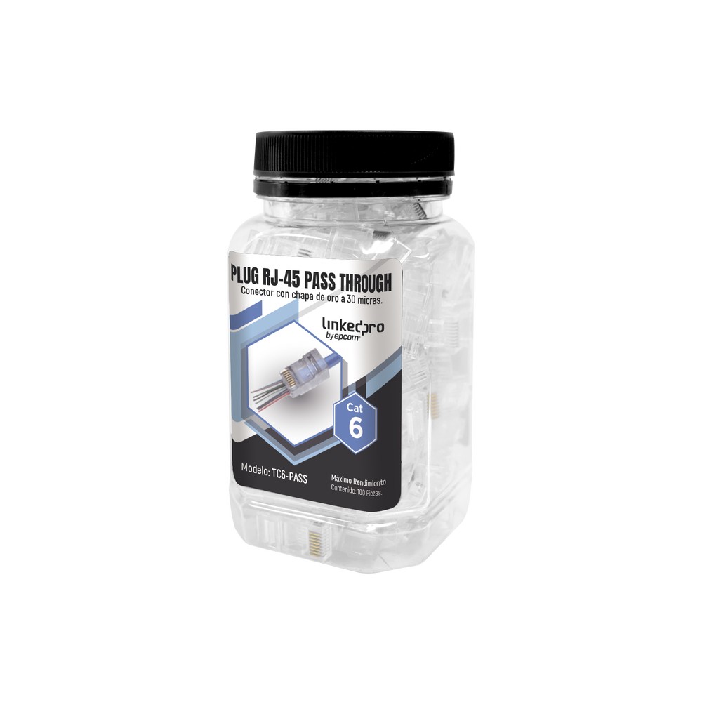 Bote con 100 Plugs Pass through RJ45 Cat6 sin blindaje, chapado de oro a 30 micras LINKEDPRO TC6-PASS