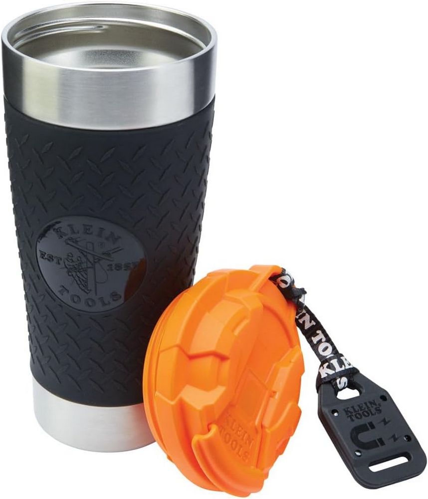 Klein Tools 55580 Vaso de acero inoxidable con tapa abatible, aislado de 597 ml, taza de vacío de doble pared Tradesman\'s con funda antideslizante 55580