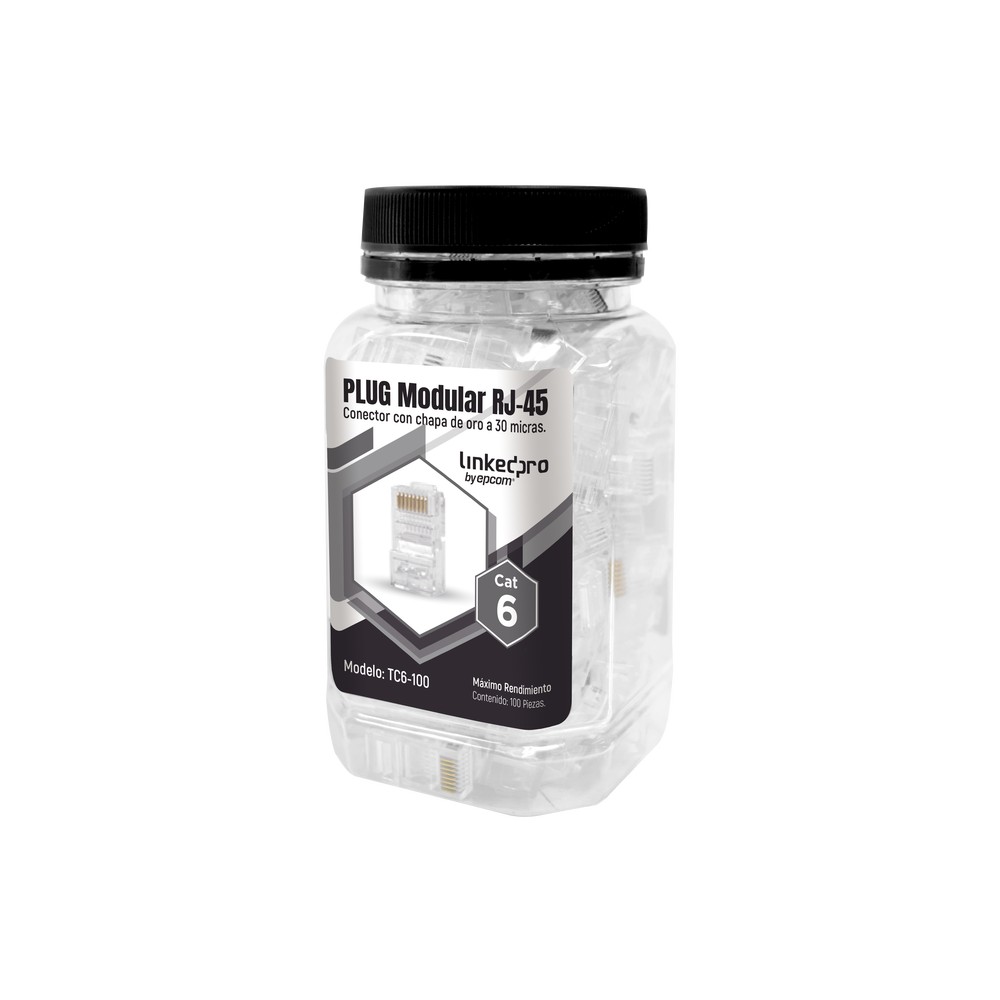 Bote con 100 Piezas de Plug Modular RJ45 Cat6 sin blindaje, chapado de oro a 30 micras para durabilidad extrema TC6100
