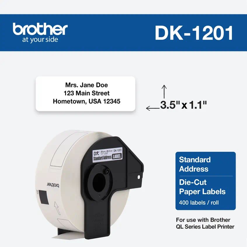 ROLLO DE ETIQUETAS BROTHER DK-1201 400PIEZAS 29MM X 90.3MM 1.1IN X 3.5IN NEGRO SOBRE BLANCO
