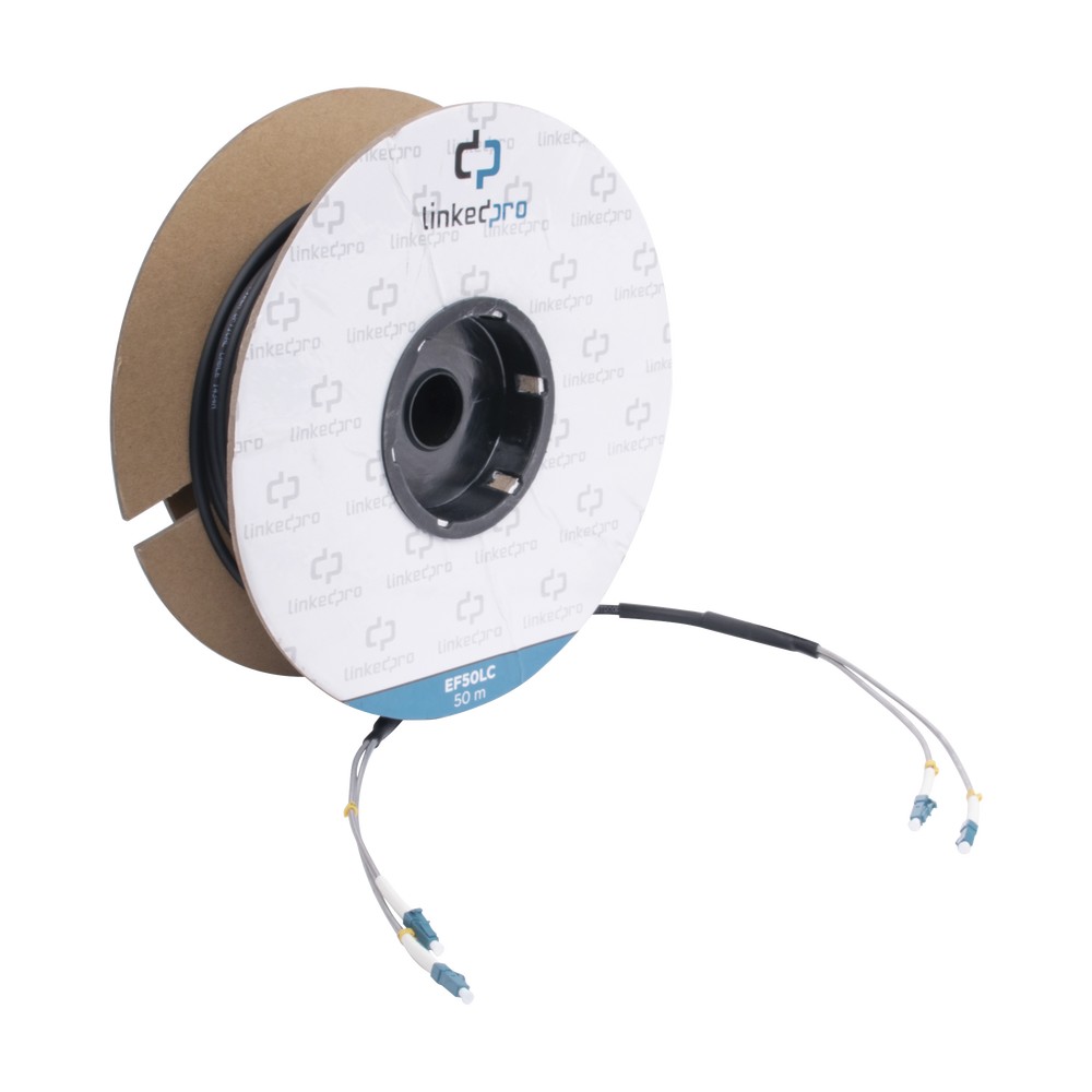 Carrete de Fibra Óptica Monomodo con Conectores LC-LC Duplex, Reforzada con Kevlar, de 50 metros, Para instalaciones subterráneas por tubería