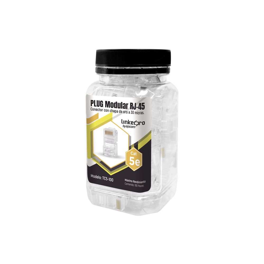 Bote con 100 Piezas de Plug Modular RJ45 Cat5e sin blindaje, chapado de oro a 30 micras LINKEDPRO TC5-100